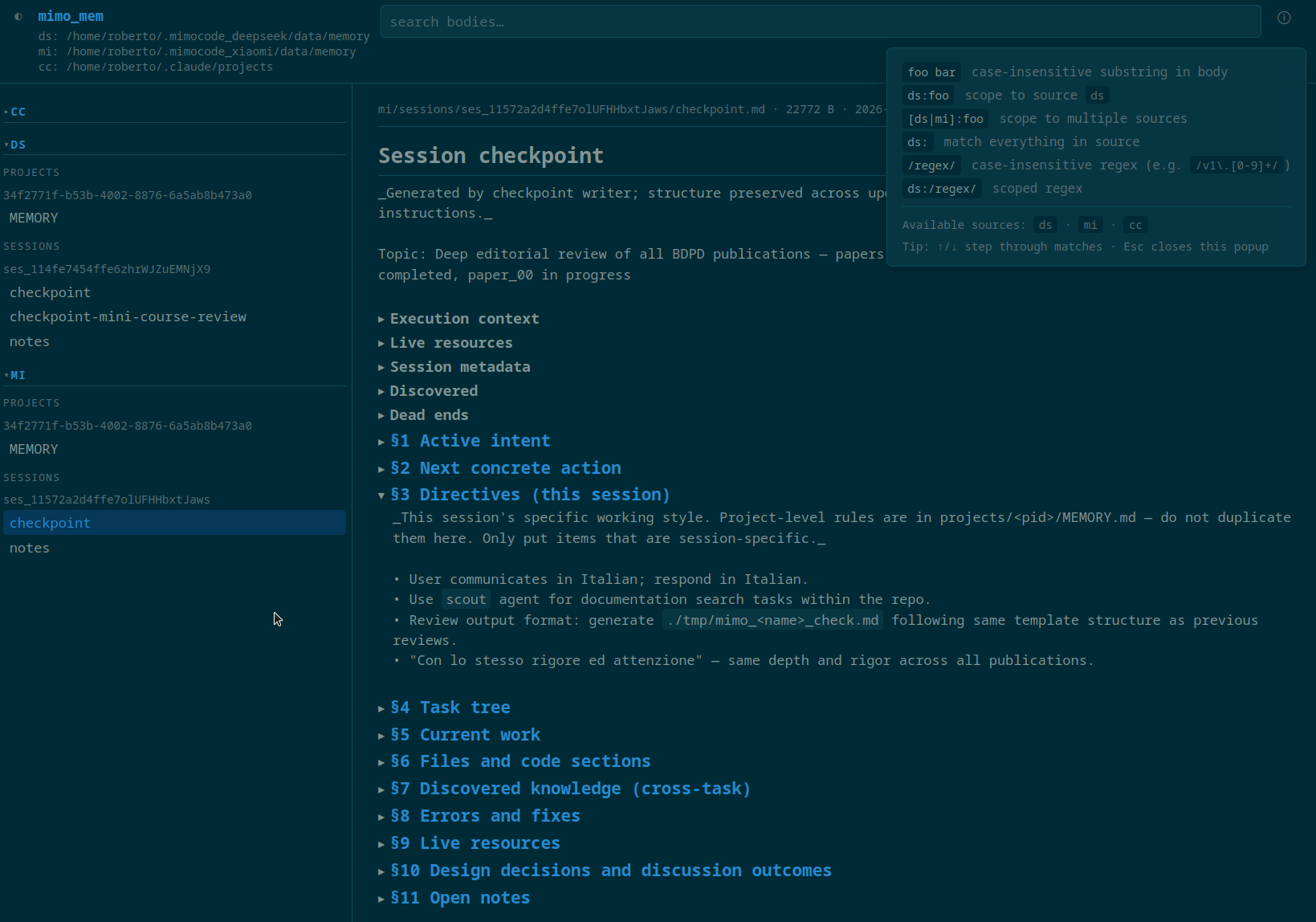 The mimo-mem browser: source/scope tree on the left, rendered markdown with find-in-page on the right.